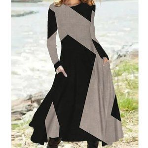 Long Sleeve Color Block Dress with wide skirt